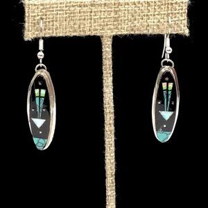 Sterling Silver Native American Multi Stone Inlay Earrings 2”